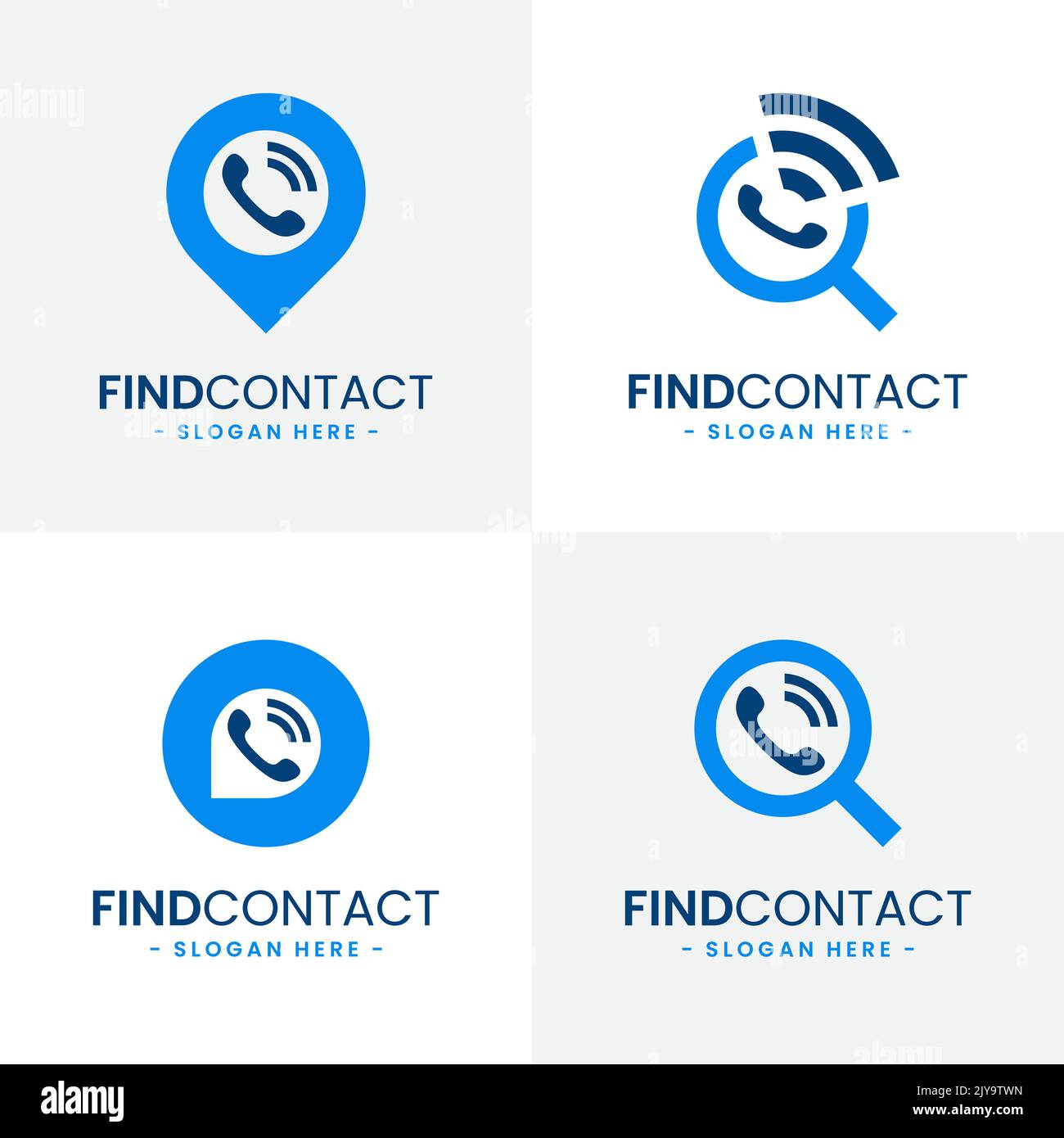 Satz von Design-Vorlagen für Kontaktlogos suchen. Symbolvektor für Kontaktfinder. Telefon, Kontakt, Chat, Serviceberatung, Suchkonzept. Stock Vektor
