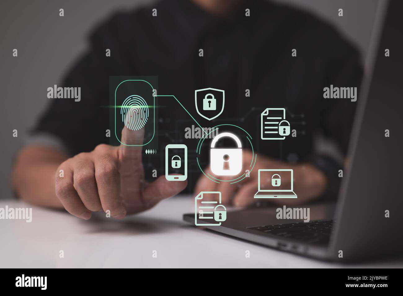 Fingerabdruck-Scanning und biometrische Authentifizierung, Cybersicherheit und ein Fingerabdruck-Passwort, die Zukunft der Technologie und Kybernetik und vieles mehr. Cyber Stockfoto