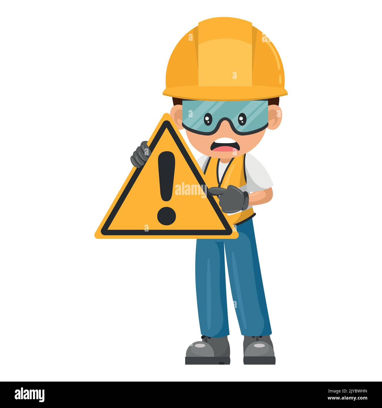 Industriearbeiter mit Warnschild. Warnsymbole und Symbol. Arbeiter mit persönlicher Schutzausrüstung. Arbeitsschutz und Arbeitsschutz Stock Vektor