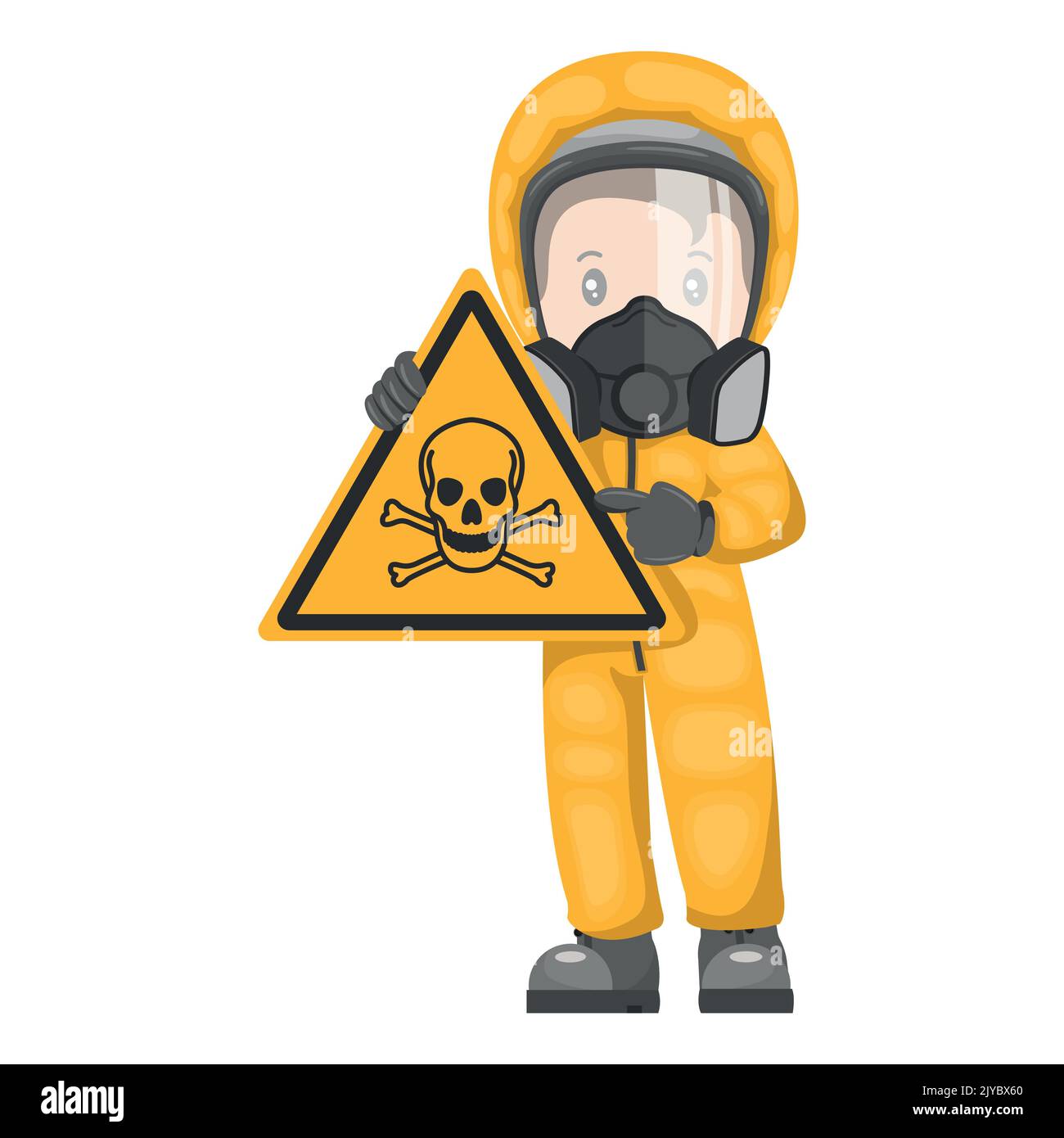 Industriearbeiter mit Warnschild für giftige Stoffe. Warnsymbol für gefährliche Chemikalien und Piktogramm. Schutzkleidung und Atemschutzmasken. Industrie Stock Vektor