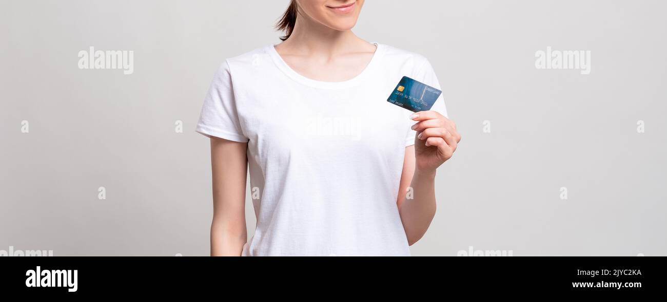Bargeldlose Zahlung Bankeinzahlung Frau Kreditkarte Stockfoto