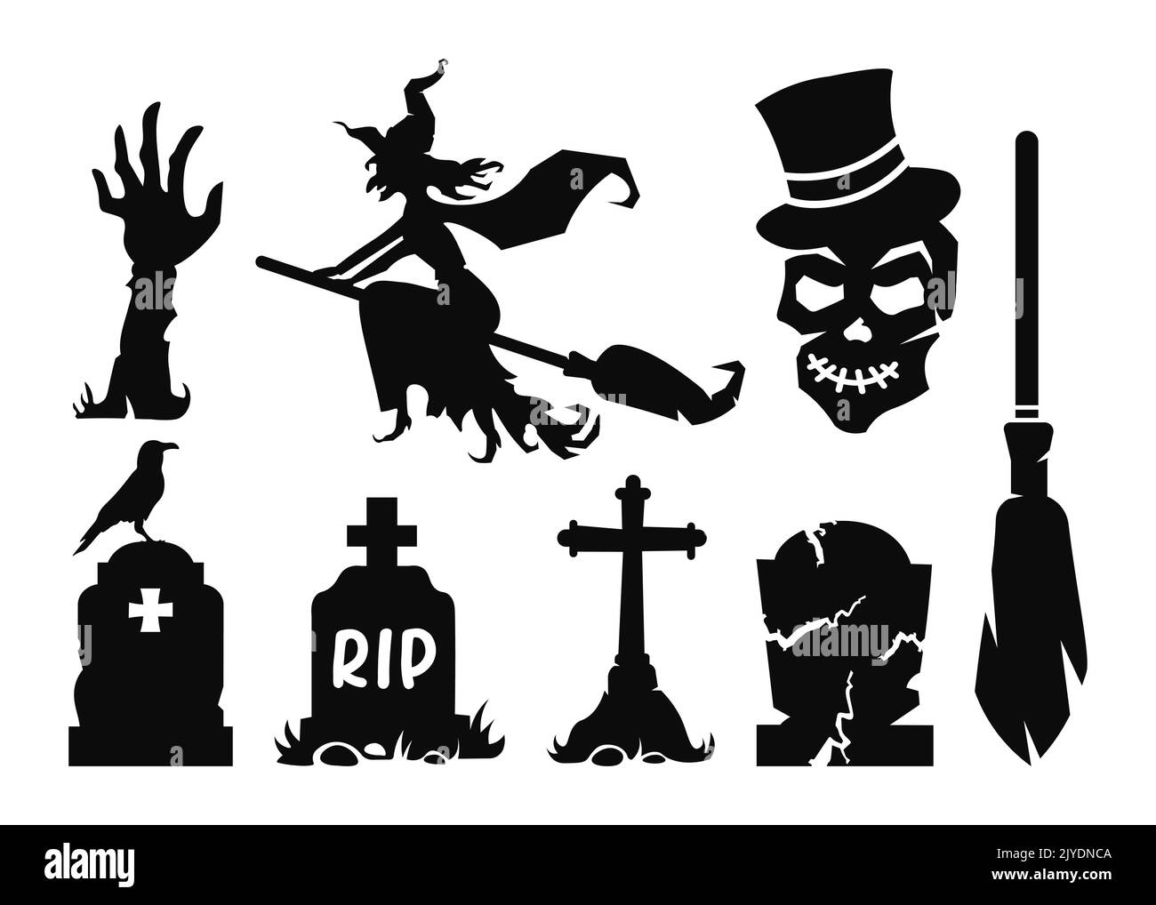 Sammlung von Silhouetten halloween Friedhof Hexe auf einem Broomstick Stock Vektor