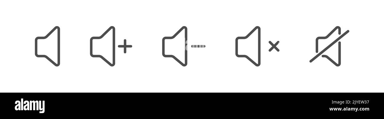 Lautstärkesymbol. Klangregler. Ein Satz von Symbolen für die Lautstärke- und Steuerschnittstelle. Leere Umrisse, flacher Stil. Stock Vektor