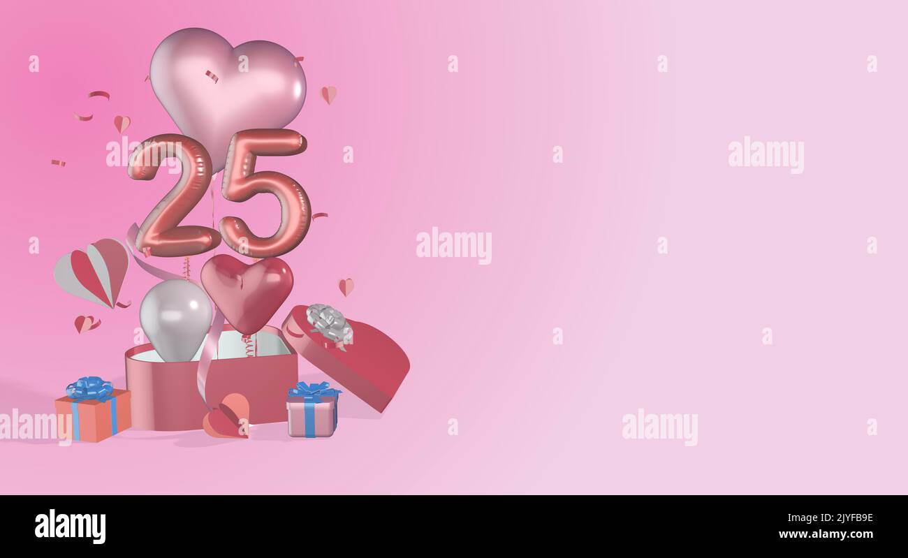 25. Geburtstag Illustration Hintergrund 25. Jahrestag Hintergründe Banner mit Zahlen Zahl Ballons Herz Ballons und Kopierer Platz für Text Stockfoto