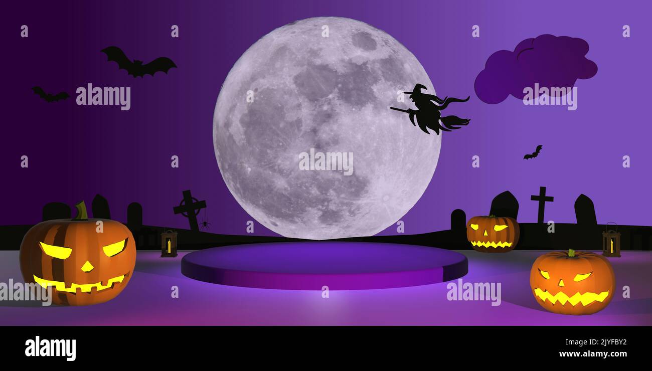 3D Illustration halloween Hintergrund Illustration geschnitzt halloween Kürbis Hintergrund mit Vollmond Hexe Grabsteine Spinnen und Fledermäuse Stockfoto