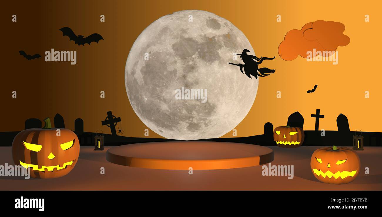 3D halloween Illustration Hintergrund Illustration geschnitzt halloween Kürbis Hintergrund mit Vollmond Hexe Grabsteine Spinnen und Fledermäuse Stockfoto