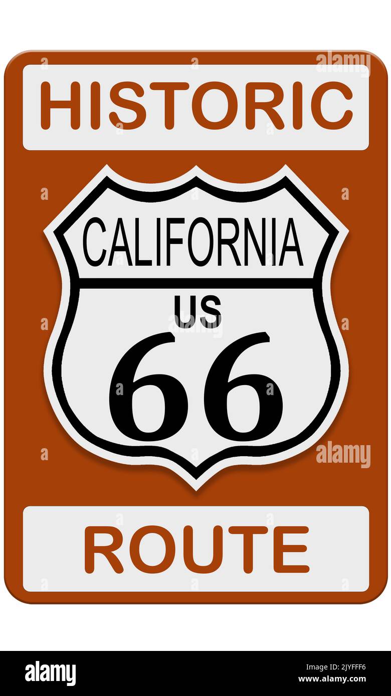 Route 66 altes historisches Verkehrsschild mit California State, 3D Rendering Stockfoto