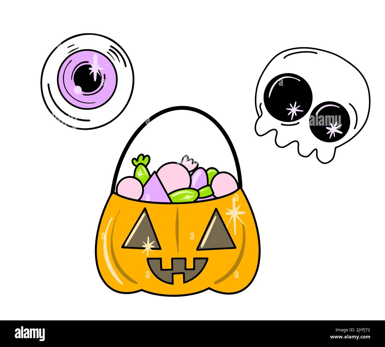Vektor Niedliches Set von halloween-Ikonen im flachen Stil. Bonbon Kürbis, Schädel, lila Auge. Stock Vektor