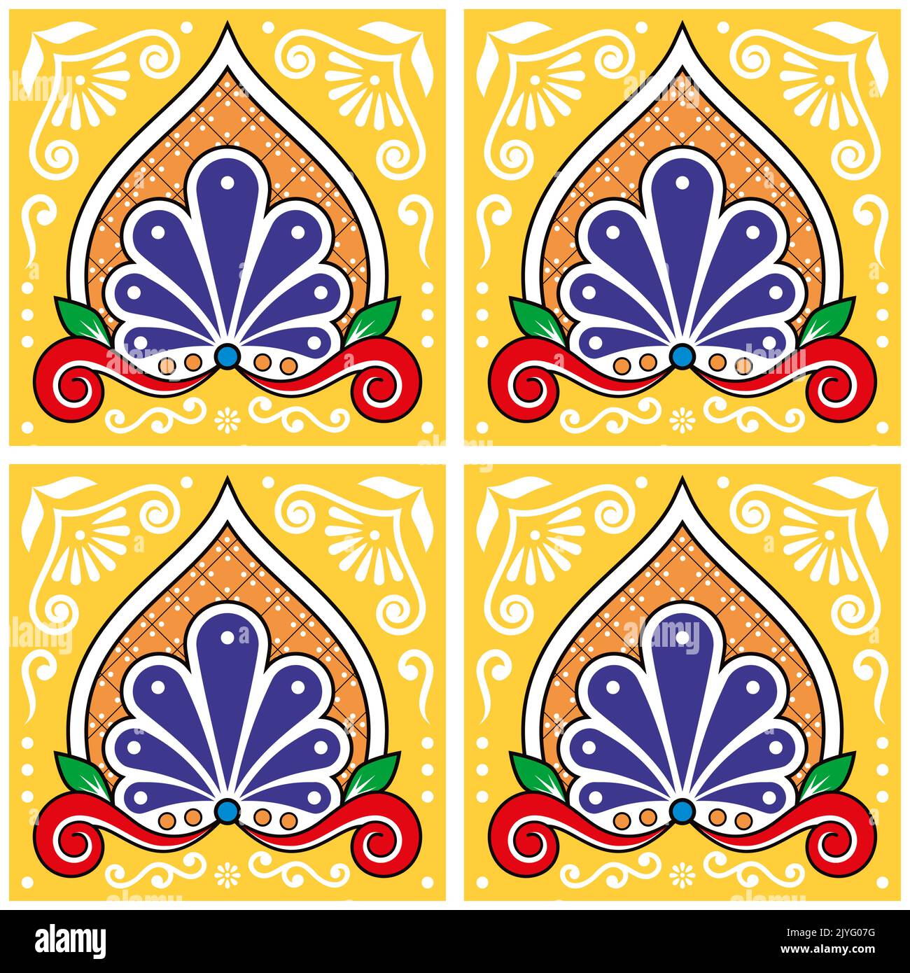 Mexikanischer talavera Stil Vektor nahtloses Muster mit Blättern und Wirbeln, florales Design perfekt für Tapeten, Textil- oder Stoffdruck Stock Vektor