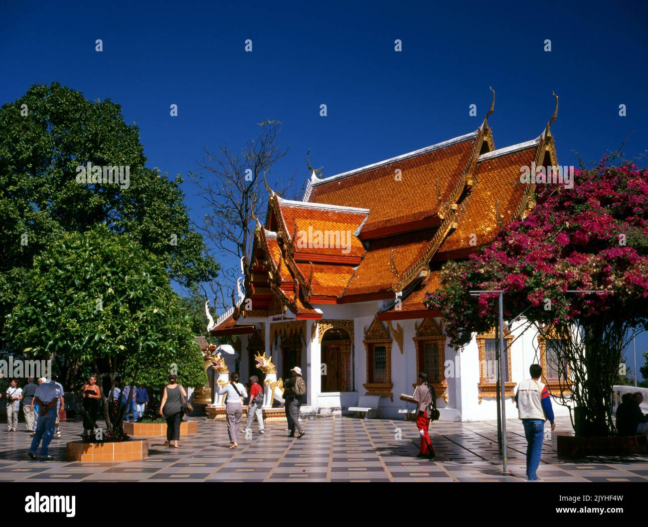 Thailand: Wat Phrathat Doi Suthep, ein buddhistischer Tempel der Theravada, der sich auf dem Doi Suthep (Suthep-Berg) befindet und die Stadt Chiang Mai überblickt. Der prächtige vergoldete Chedi aus dem 16.. Jahrhundert bietet einen herrlichen Blick über das Tal Chiang Mai bis zum Fluss Ping. König Mengrai gründete 1296 die Stadt Chiang Mai (was "neue Stadt" bedeutet) und folgte Chiang Rai als Hauptstadt des Lanna-Königreichs nach. Stockfoto
