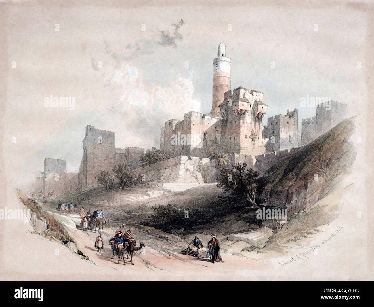 Palästina: 'Die Zitadelle von Jerusalem, ohne Mauern, Turm von David'. Farblithographie von David Roberts (24. Oktober 1796 - 25. November 1864), c. 1839. David Roberts RA war ein schottischer Maler. Er ist vor allem für eine fruchtbare Serie von detaillierten Drucken von Ägypten und dem Nahen Osten bekannt, die er 1840s aus Skizzen, die er während langer Touren durch die Region (1838–1840) angefertigt hatte, produzierte. Dieses Werk und seine großen Ölgemälde ähnlicher Motive machten ihn zu einem prominenten orientalistischen Maler. Zum Zeitpunkt des Besuchs von Roberts in Palästina befand sich das Land kurzzeitig unter ägyptischer Herrschaft (1831-1841). Stockfoto