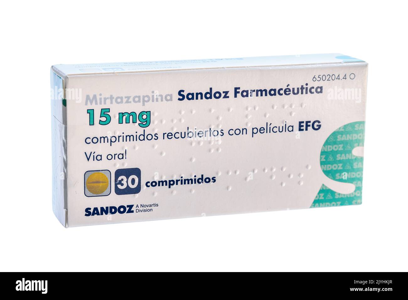 Huelva, Spanien - 8. September 2022: Mirtazapine Sandoz Farmaceutica. Es ist ein Antidepressivum. Es wird verwendet, um Depressionen und manchmal obse zu behandeln Stockfoto