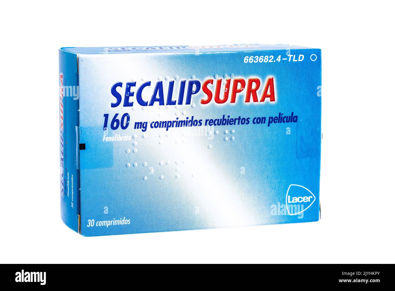 Huelva, Spanien - 8. September 2022: Fenofibrate Marke Secalip Supra, ist ein Medikament der Fibrate-Klasse verwendet, um abnorme Blutfettwerte zu behandeln. Stockfoto