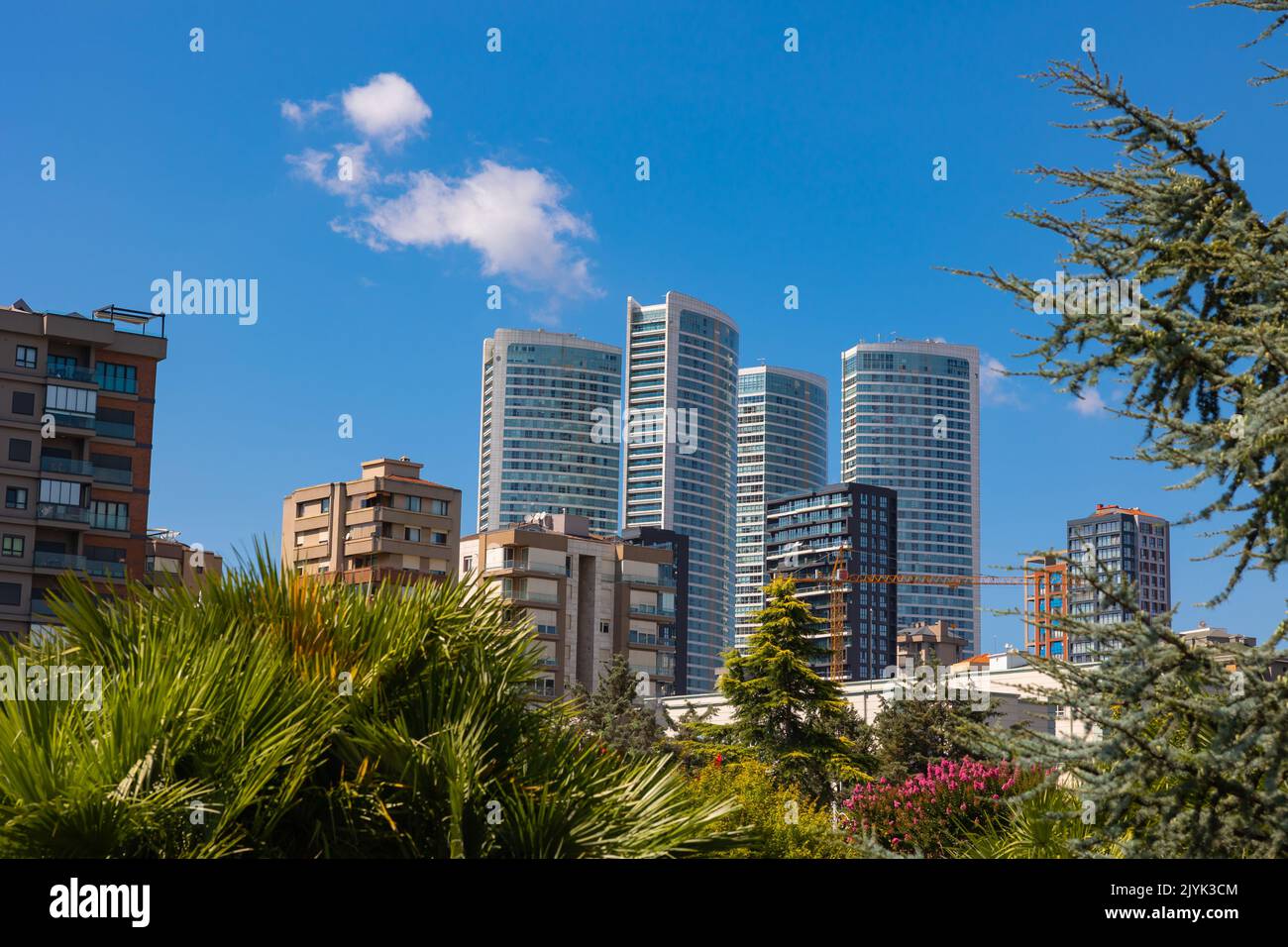 Konzept für nachhaltige Städte. Blick auf die Innenstadt von einem öffentlichen Park. Stockfoto