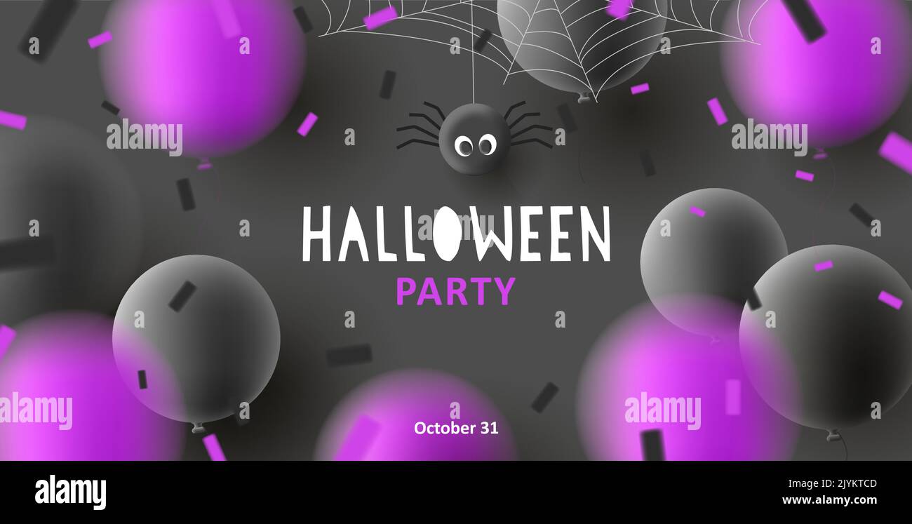 Halloween 3D Luftballons mit gruseligen Gesichtern und Netzspinne Stock Vektor