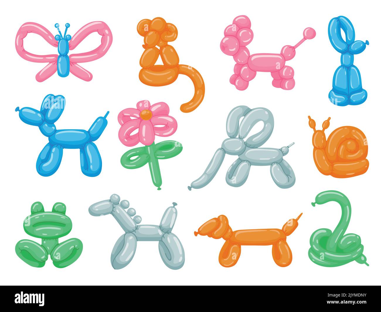 Ballontiere. Cartoon Runde Spielzeug Tiere, niedliche Party Dekoration, verschiedene Schlange Affen Pferd Hund bunte Ballons. Vektor Kinder Spielzeug Haustier Skulptur Stock Vektor