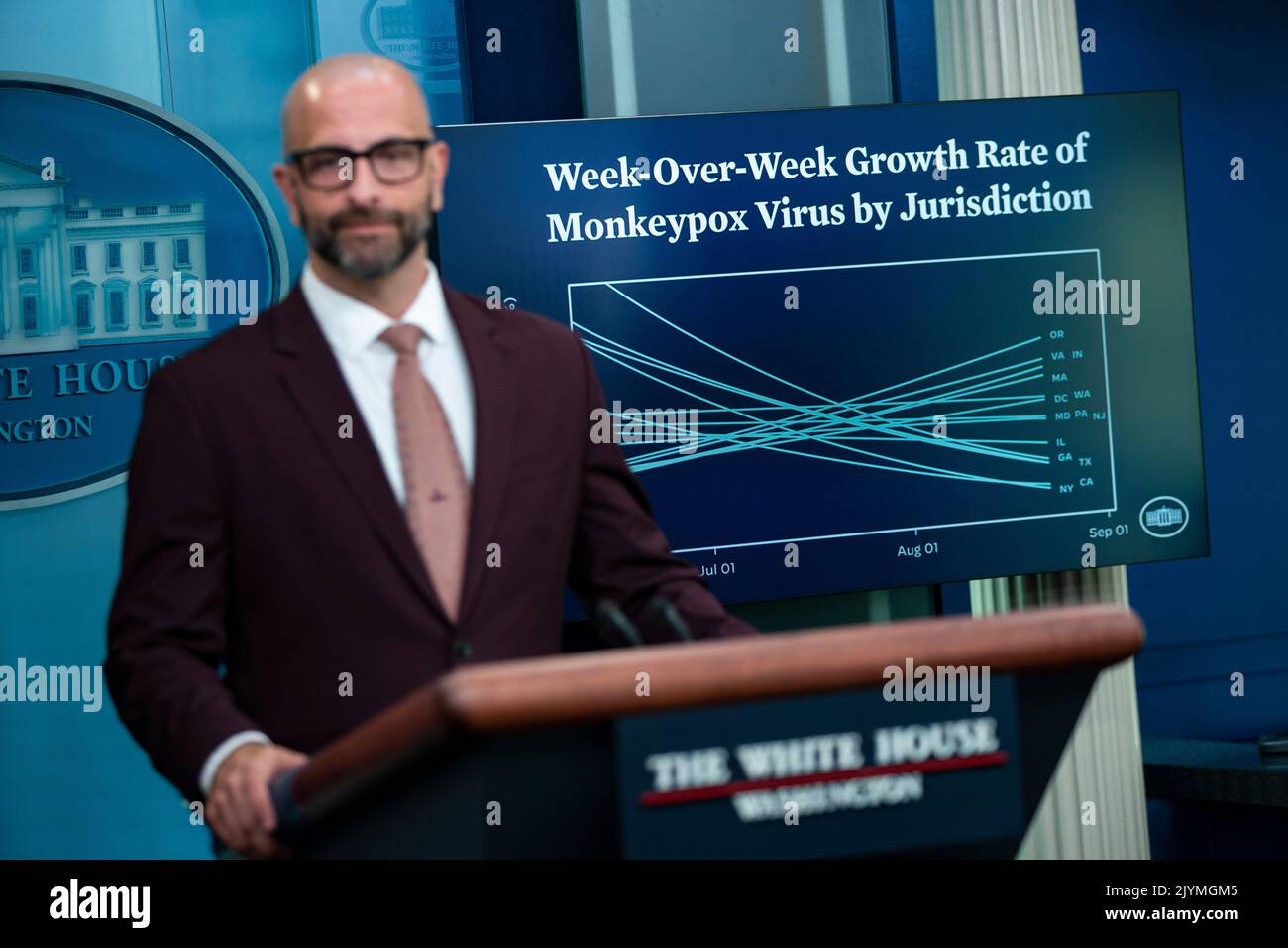 Washington, USA. 07. September 2022. Demeter Daskalakis, stellvertretender Sprecher des Weißen Hauses, spricht während einer Pressekonferenz im James S. Brady Press Briefing Room im Weißen Haus in Washington, DC, USA, am Mittwoch, den 7. September, 2022 die Republikaner des Senats werden sich gegen Präsident Bidens Antrag auf Milliardenfinanzierung zur Bekämpfung der anhaltenden Covid-19- und Monkeypox-Pandemien aussprechen und einen potenziellen Kampf um einen Gesetzesentwurf zur Finanzierung durch die Regierung anstellen, der unbedingt verabschiedet werden muss. Fotograf: Al Drago/Pool/Sipa USA Kredit: SIPA USA/Alamy Live News Stockfoto