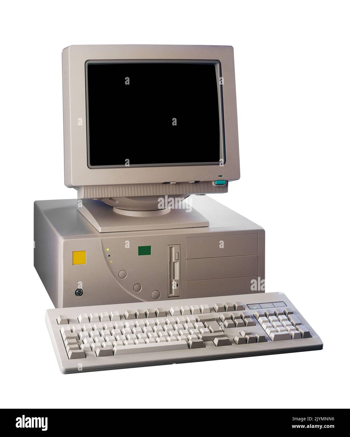 Neunziger veralteter Tower-pc-Computer, auf Weiß isoliert, mit Beschneidungspfad Stockfoto