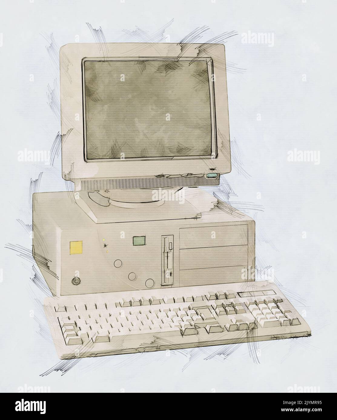 Illustration Skizze eines veralteten Tower-pc-Computers aus den neunziger Jahren Stockfoto