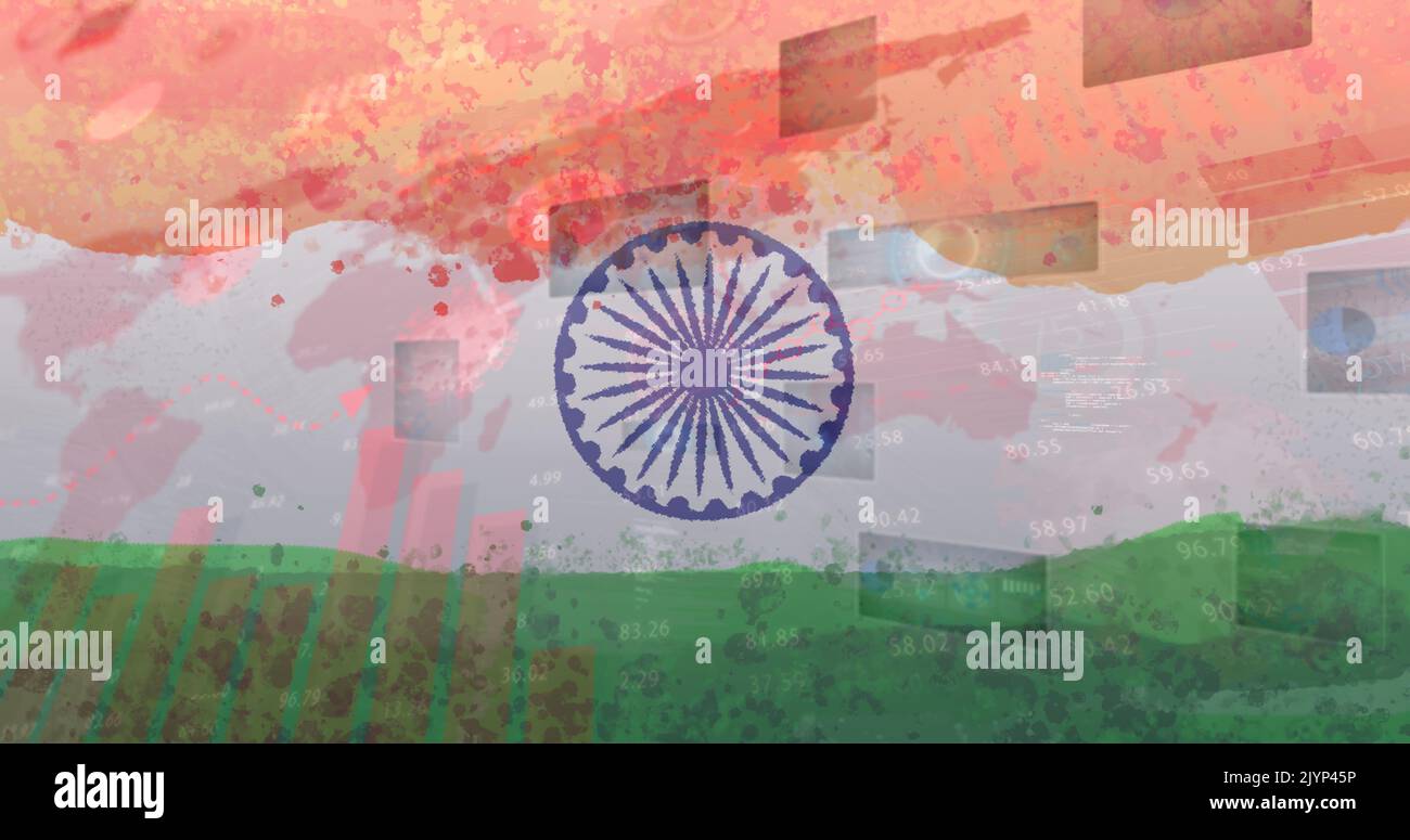 Zusammensetzung von covid 19 Zellen und Statistiken über indische Flagge Stockfoto