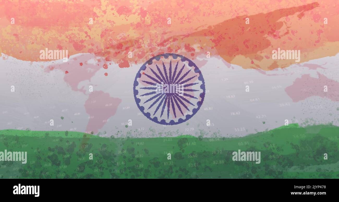 Zusammensetzung von covid 19 Zellen und Statistiken über indische Flagge Stockfoto