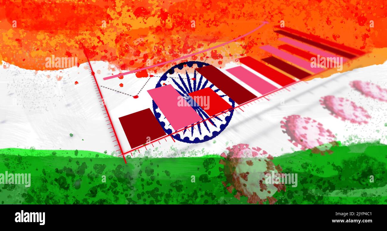 Zusammensetzung von covid 19 Zellen und Statistiken über indische Flagge Stockfoto