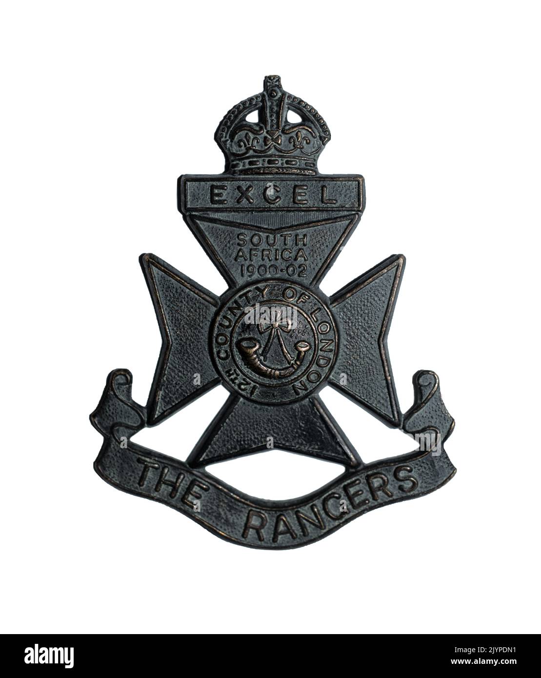 Ein Cap-Abzeichen des Bataillons 12. (County of London), des London Regiment, der Rangers, wie etwa 1902-1920, einschließlich während des Ersten Weltkriegs, ausgestellt. Stockfoto