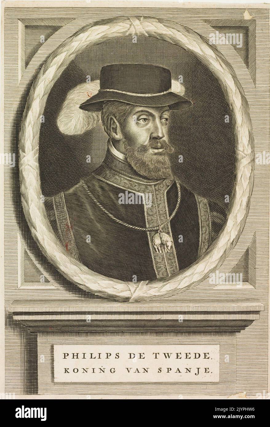 Philipp II. Von Spanien war ein Monarch aus dem 16. Jahrhundert, der über eines der größten Reiche der Geschichte regierte, darunter Spanien, die Niederlande und Teile Amerikas. Seine Herrschaft ist geprägt von politischen Kämpfen und religiösen Konflikten, einschließlich der spanischen Inquisition. Stockfoto