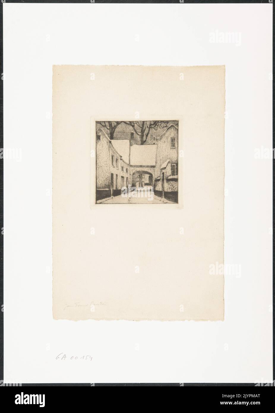 Das Bild alter Häuser mit einem Tor zu einem Platz, das möglicherweise den Begijnhof darstellt, spiegelt historische Architektur wider. Der Begijnhof war im Mittelalter eine Gemeinschaft von Laienfrauen, und sein architektonischer Aufbau hebt die mittelalterliche Stadtplanung und Religionsgemeinschaften hervor. Stockfoto