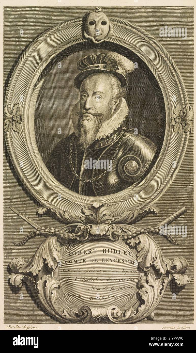 Robert Dudley war ein englischer Adliger und enger Vertrauter von Königin Elisabeth I. bekannt für seinen Einfluss am Hof, spielte eine bedeutende Rolle in der englischen Politik und militärischen Angelegenheiten, obwohl seine persönliche Beziehung zur Königin Gegenstand von Spekulationen war. Stockfoto