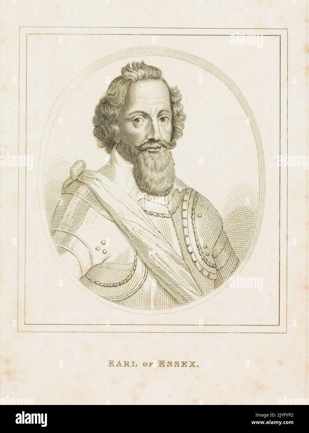 Robert Devereux, 2. Earl of Essex, war ein englischer Adliger und Militärkommandeur unter Königin Elisabeth I. Er führte mehrere Feldzüge, unter anderem in Irland, aber seine Misserfolge und politischen Ambitionen führten 1601 zu seiner Hinrichtung wegen Verrats. Stockfoto