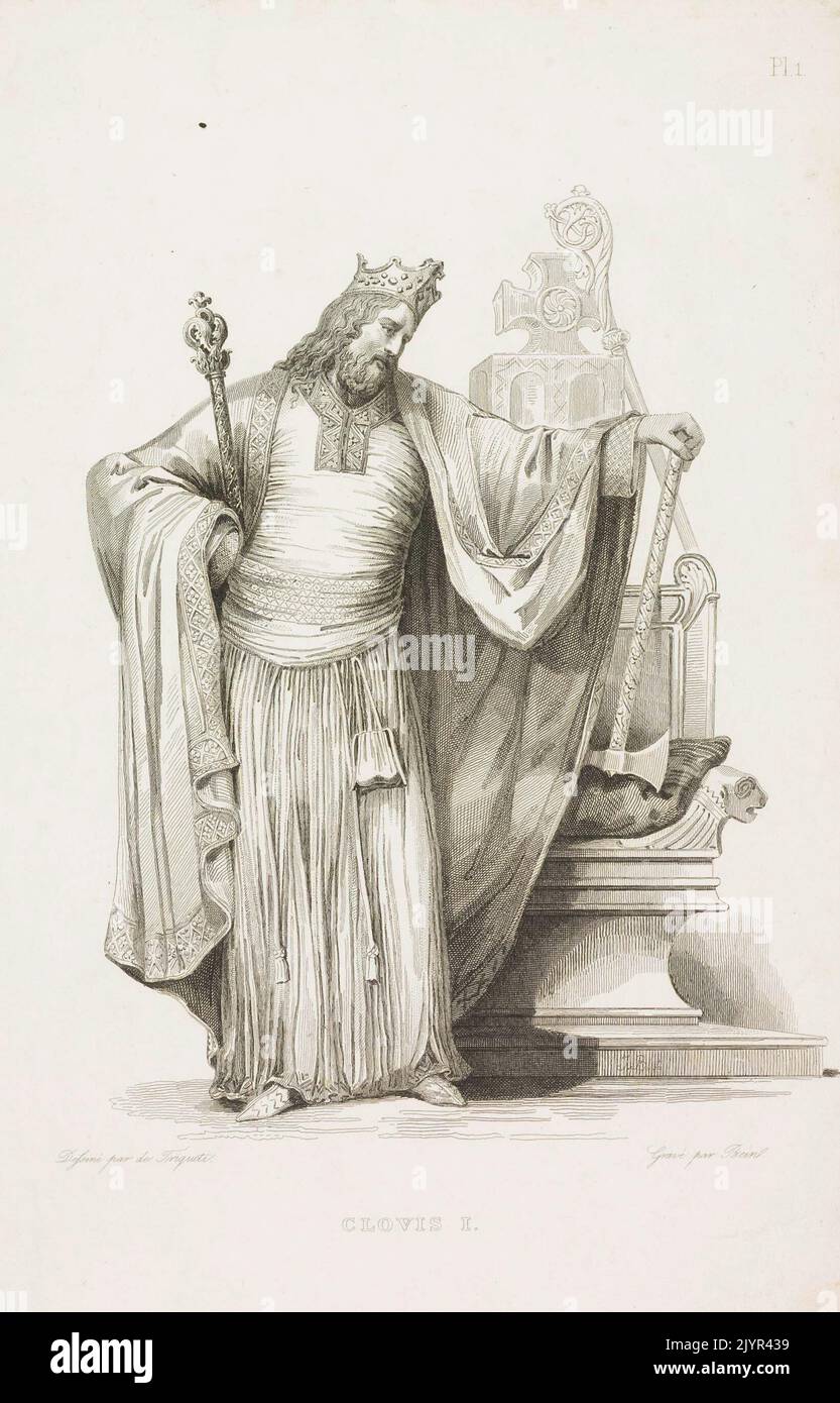 Clovis I. war der erste König der Franken, der alle fränkischen Stämme unter einem Herrscher vereinte und die merowingische Dynastie begründete. Seine Bekehrung zum Christentum war ein entscheidender Moment in der Geschichte Frankreichs und der europäischen mittelalterlichen Politik. Stockfoto