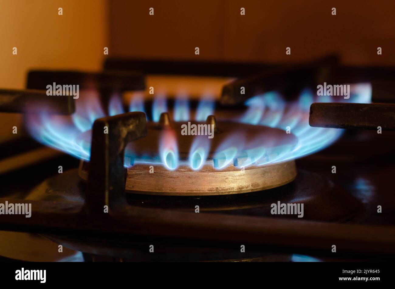 Closeup Schuß von Blue Fire aus heimischer Küche Herd. Gasherd mit brennenden Flammen von Propangas. Industrie und Wirtschaft Konzept. Stockfoto
