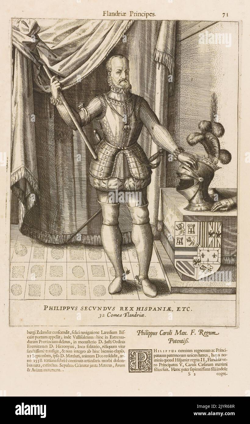 Philipp II. Von Spanien, ein Monarch aus dem 16. Jahrhundert, regierte eines der größten Reiche der Geschichte, darunter Spanien, die Niederlande und Teile Amerikas. Seine Herrschaft war geprägt von religiösen Konflikten, einschließlich der spanischen Inquisition, und politischen Kämpfen innerhalb seines Reiches. Stockfoto