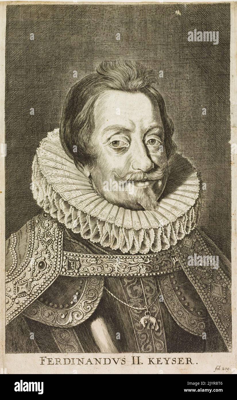 Ferdinand II. War von 1619 bis zu seinem Tod 1637 Kaiser des Heiligen Römischen Reiches. Seine Herrschaft war geprägt von religiösen und politischen Konflikten, insbesondere während des Dreißigjährigen Krieges, wo er eine bedeutende Rolle als katholischer Führer und Befürworter der Gegenreformation spielte. Stockfoto