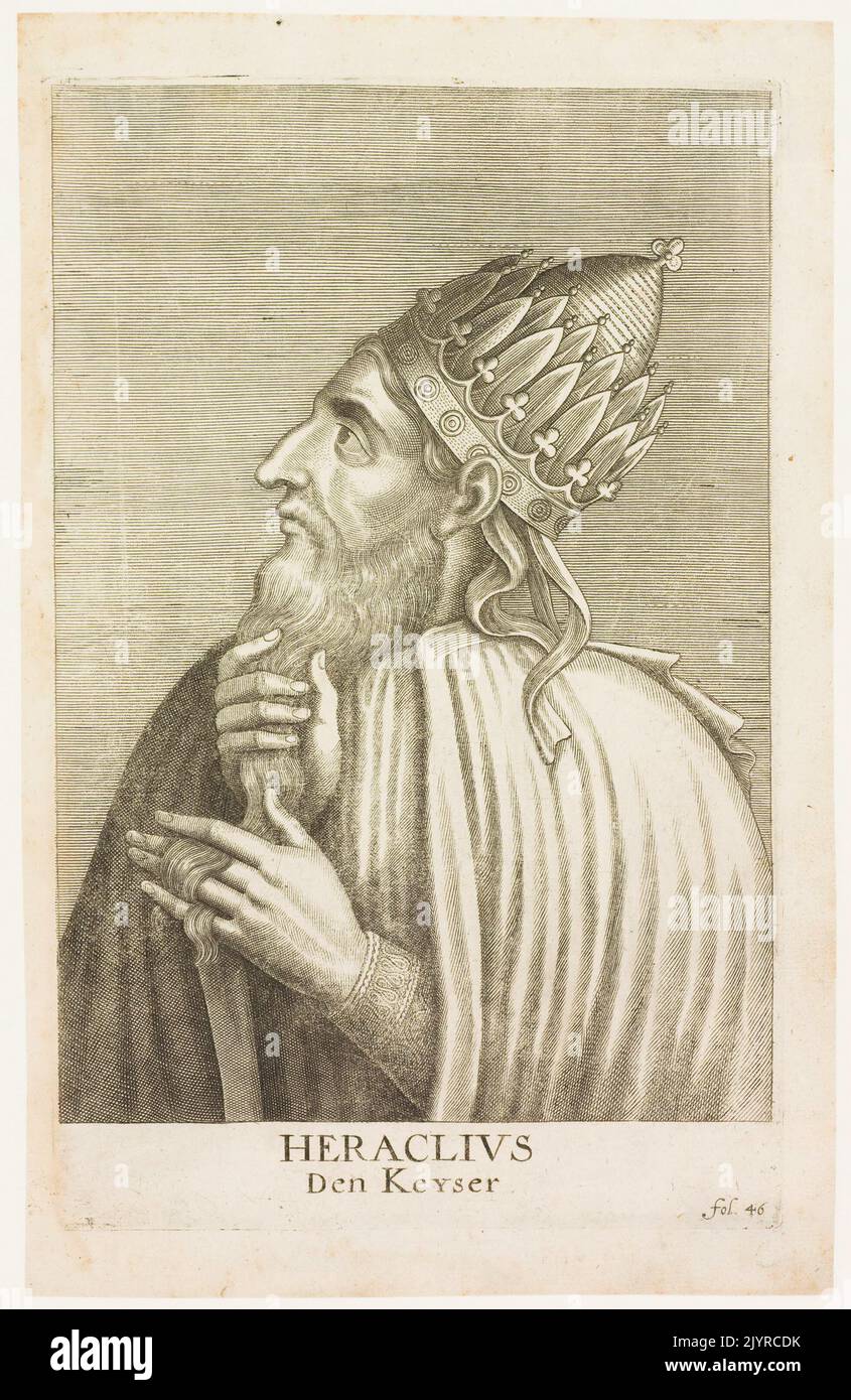 Heraklius war ein byzantinischer Kaiser, der von 610 bis 641 n. Chr. regierte. Bekannt für seine militärischen Feldzüge, eroberte er erfolgreich byzantinische Gebiete zurück, die an die Perser verloren gingen, insbesondere die Eroberung Jerusalems im Jahr 629. Seine Herrschaft markierte den Beginn bedeutender militärischer und administrativer Reformen, die das Byzantinische Reich stärkten. Heraklius wird oft zugeschrieben, die Verwendung des Griechischen als Amtssprache des Reiches auszuweiten. Stockfoto