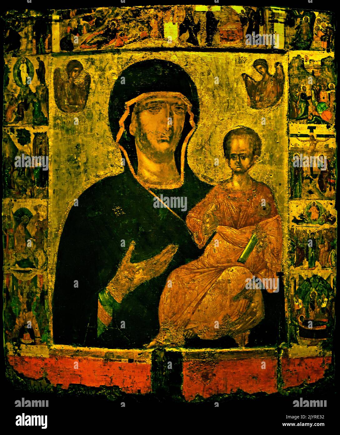 Jungfrau, umgeben von Szenen der zwölf Großen Feste und der Thronvorbereitung (byzantinisches und christliches Museum in Athen, (bilaterale Ikone aus dem 14.. Jahrhundert wurde als Prozessionsikone getragen) Stockfoto
