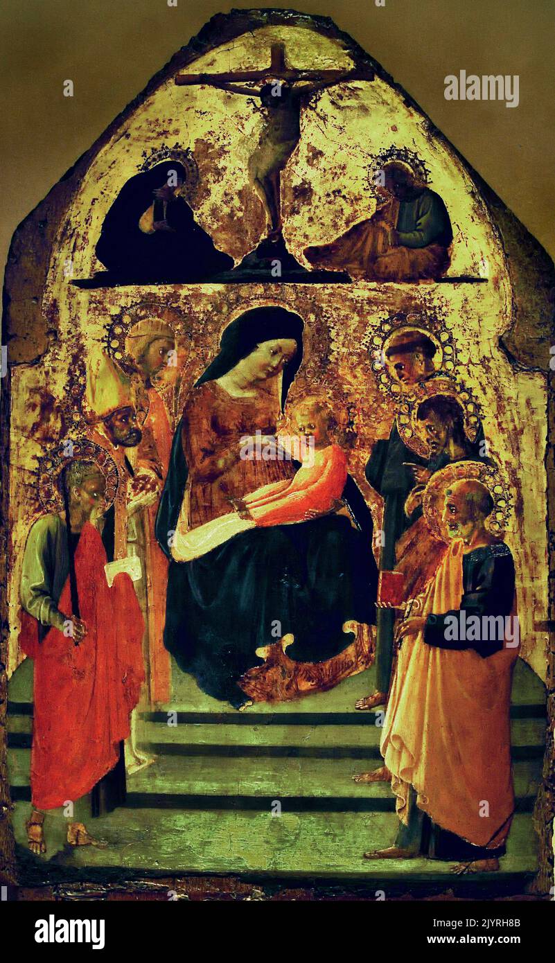 Bizarre Ikone mit der Kreuzigung und Jungfrau und Kind, flankiert von Heiligen, italienischer Künstler, Borghese di Piero, 15. Jahrhundert, Byzantinisches und christliches Museum in Athen, Stockfoto