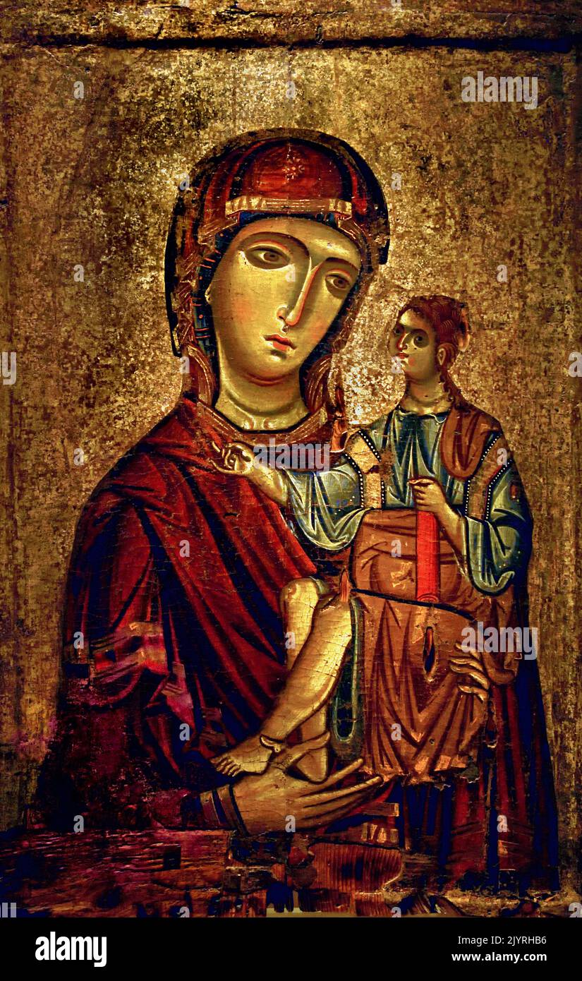 Jungfrau Hodegetria, ungewöhnliche ikonographische Merkmale deuten darauf hin, dass die Ikone zypriotische Werkstatt ausgeführt wird, byzantinisches und christliches Museum des 13.. Jahrhunderts in Athen, Stockfoto