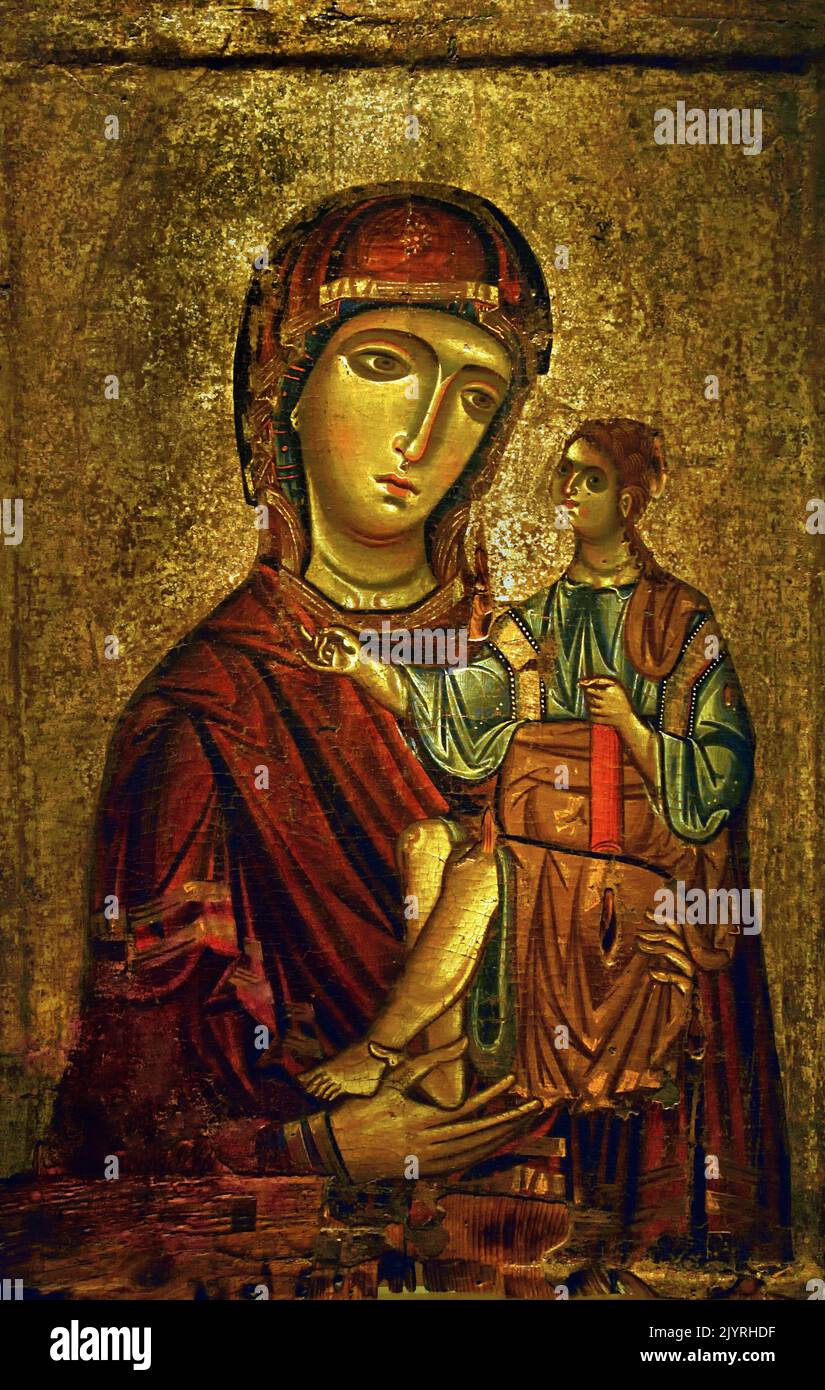 Jungfrau Hodegetria, ungewöhnliche ikonographische Merkmale deuten darauf hin, dass die Ikone zypriotische Werkstatt ausgeführt wird, byzantinisches und christliches Museum des 13.. Jahrhunderts in Athen, Stockfoto