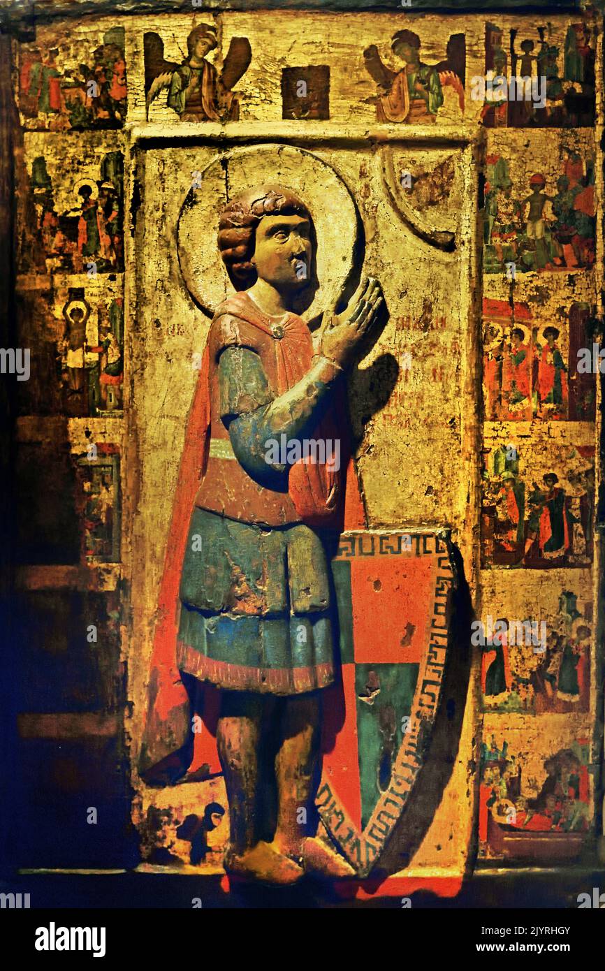 Ikone mit dem Heiligen Georg 13. Jahrhundert . Byzantinisches und christliches Museum in Athen (es kombiniert Elemente des byzantinischen und westlichen Stils aus dem 13.. Jahrhundert von Kastoria) Stockfoto