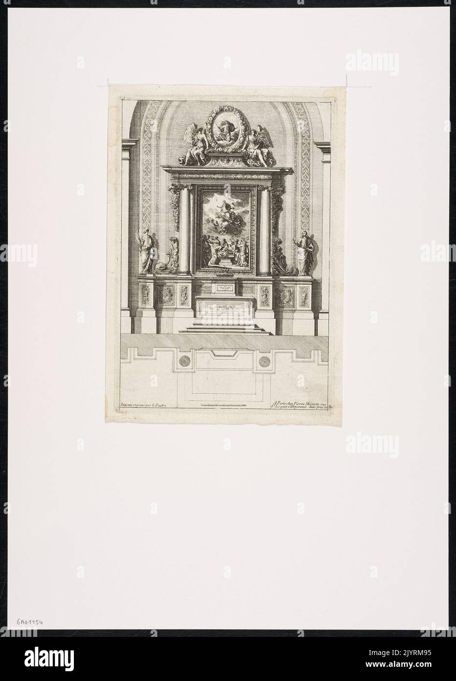 Dieser Altar zeigt eine Darstellung der Auferstehung, gestaltet mit ionischen Säulen, Gesimsen und detaillierten Skulpturen. Die architektonischen Merkmale des Altars heben den klassischen Einfluss des ionischen Ordens hervor, der häufig in religiösen Umgebungen, insbesondere in der Barock- oder Klassizitätszeit, zu finden ist. Stockfoto