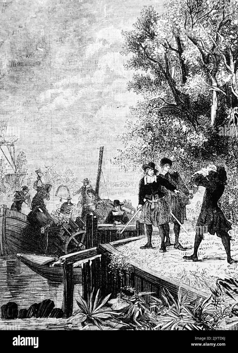 Abbildung der Weser-Arbeiter, die Denis Papins Dampfschiff zerstörten. Denis Papin (1647-1713) ein französischer Psychist, Mathematiker und Erfinder. Datiert aus dem 18.. Jahrhundert Stockfoto
