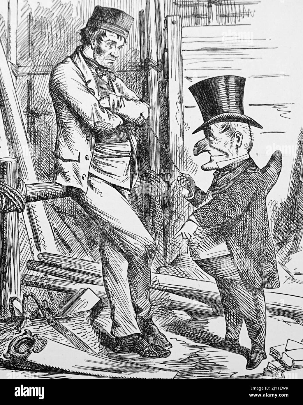 Karikatur mit dem Titel „Mr. Punch“, der eine Figur, die untätige Arbeitskräfte im viktorianischen Großbritannien darstellt, warnt. Datiert aus dem 19.. Jahrhundert Stockfoto