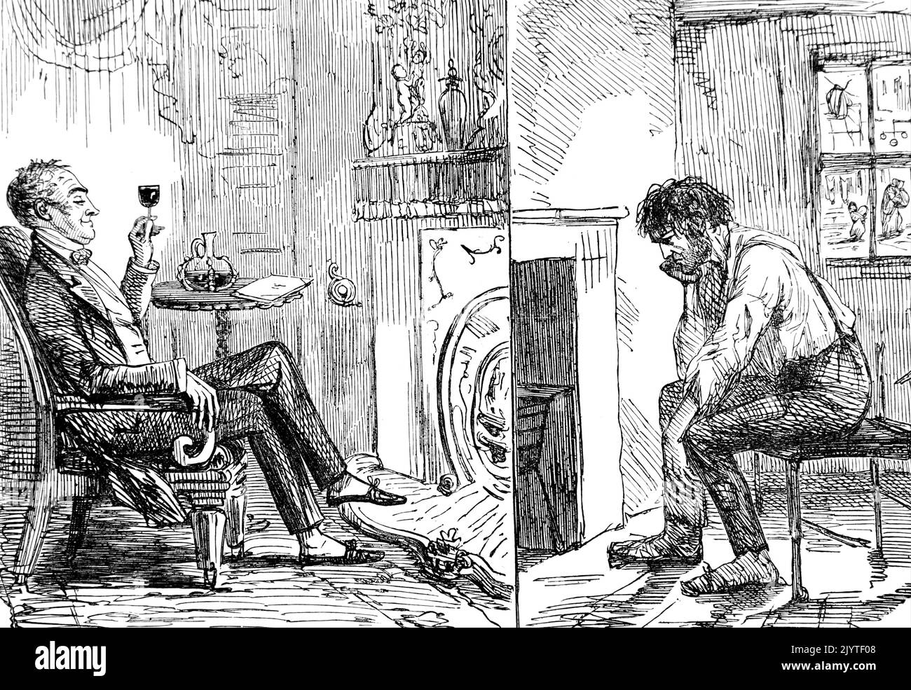 Karikatur, die den Kontrast zwischen dem Lebensstil der Reichen und der Armen in England darstellt. Datiert aus dem 19.. Jahrhundert Stockfoto