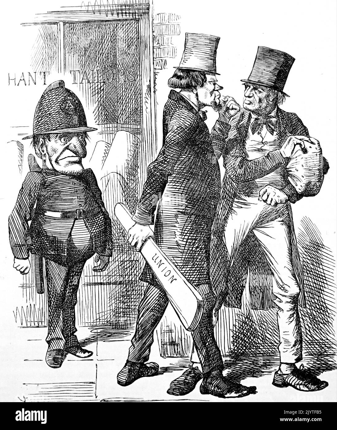 Karikatur mit dem Titel „Mr. Punch“, der als Polizist verkleidet und standhaft gegenüber bedrohlichen Gewerkschaftsfiguren steht. Datiert aus dem 19.. Jahrhundert Stockfoto