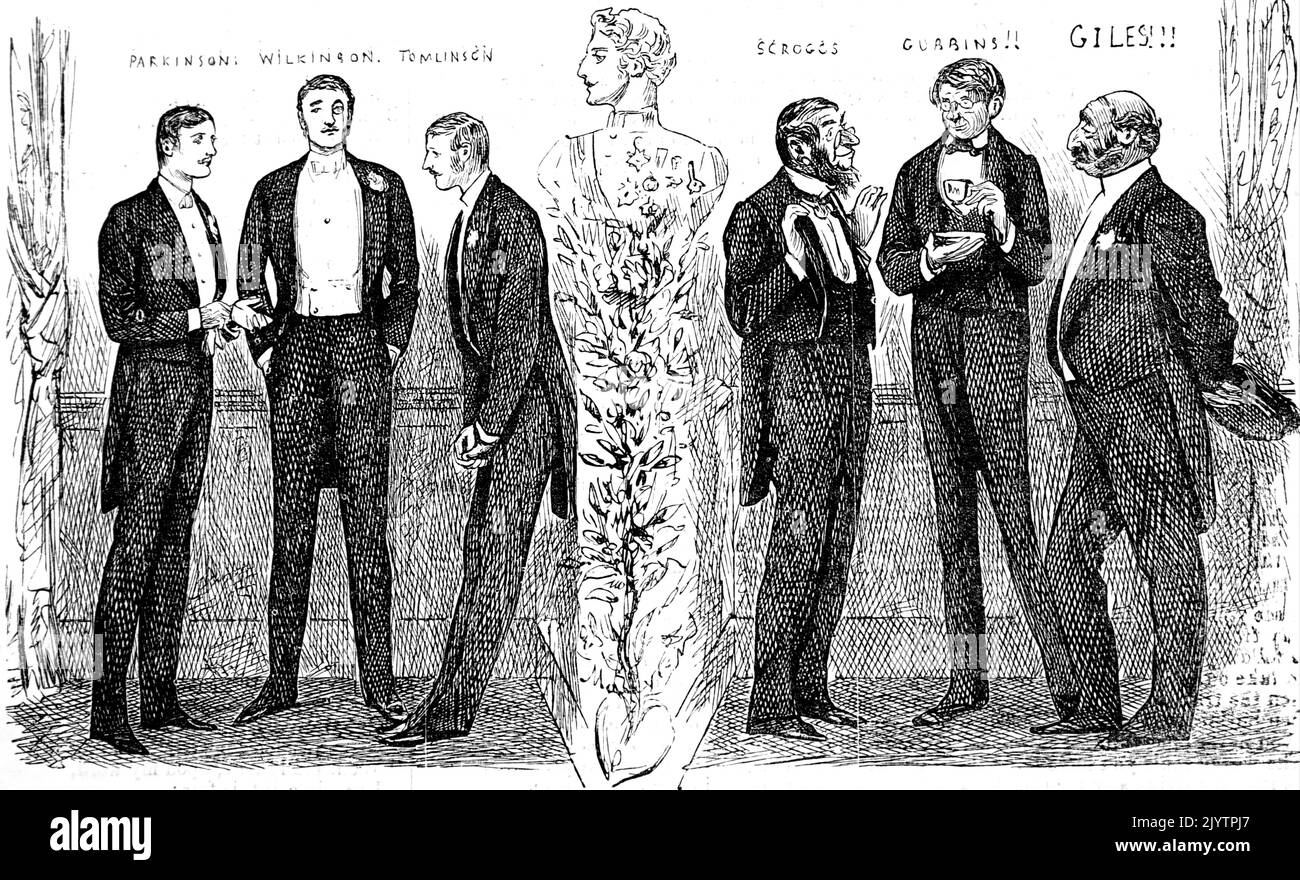 Karikatur, die einige der berühmtesten Philosophen darstellt, die sich in formeller Kleidung versammelt haben. Datiert aus dem 19.. Jahrhundert Stockfoto