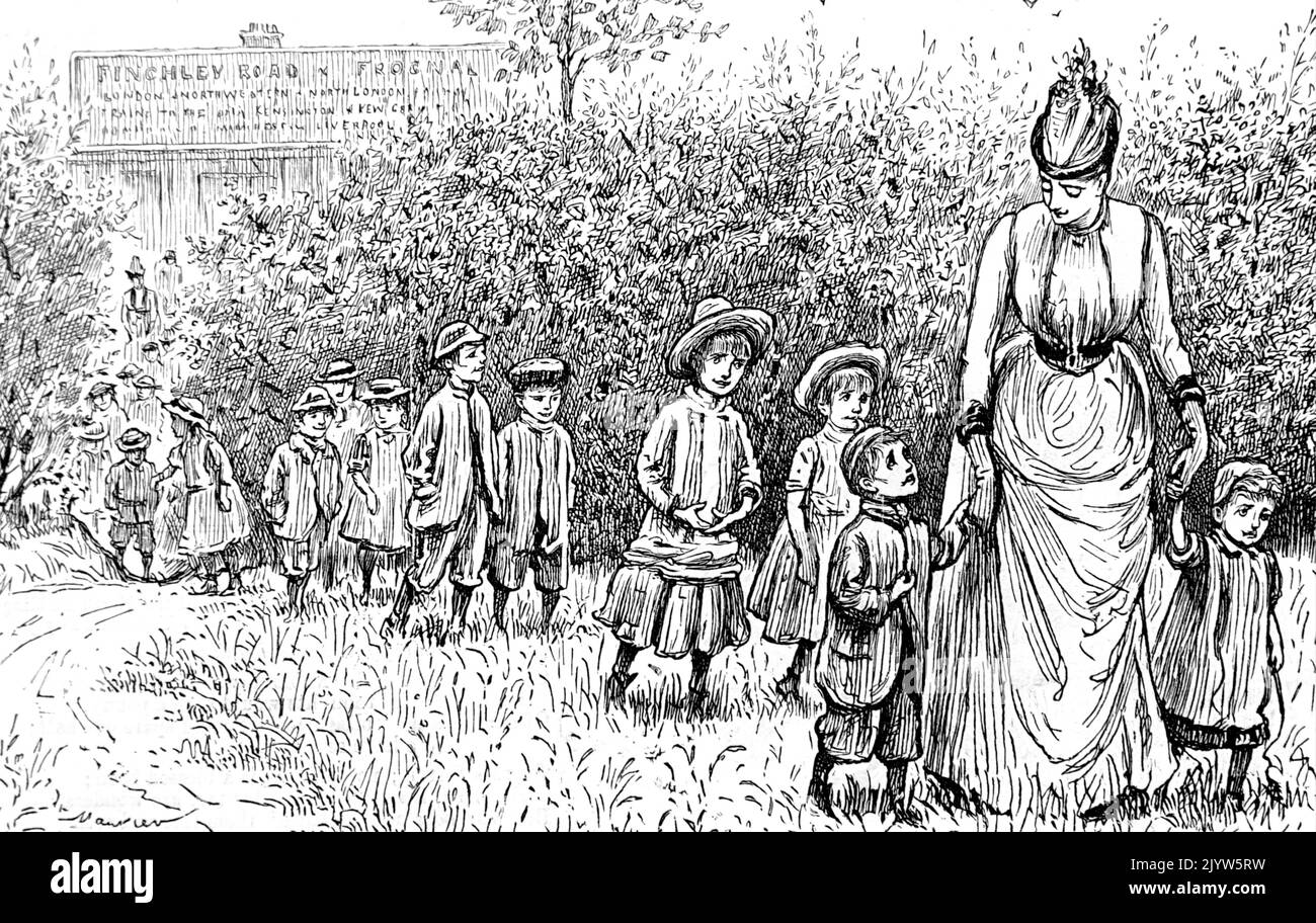 Karikatur, in der Kinder aus dem East End von London zu einem Ausflug nach Hampstead Heath gebracht werden. Illustriert von George du Maurier (1834-1896), einem französisch-britischen Karikaturisten und Autor. Datiert aus dem 19.. Jahrhundert Stockfoto