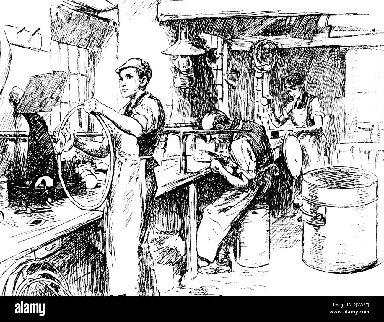 Die Abbildung zeigt junge erste Straftäter, die in der Polizeimission von Manchester für Burschen arbeiten, anstatt eine Gefängnisstrafe zu verbüßen, dank des First Straftäter Act 1887. Datiert aus dem 19.. Jahrhundert Stockfoto
