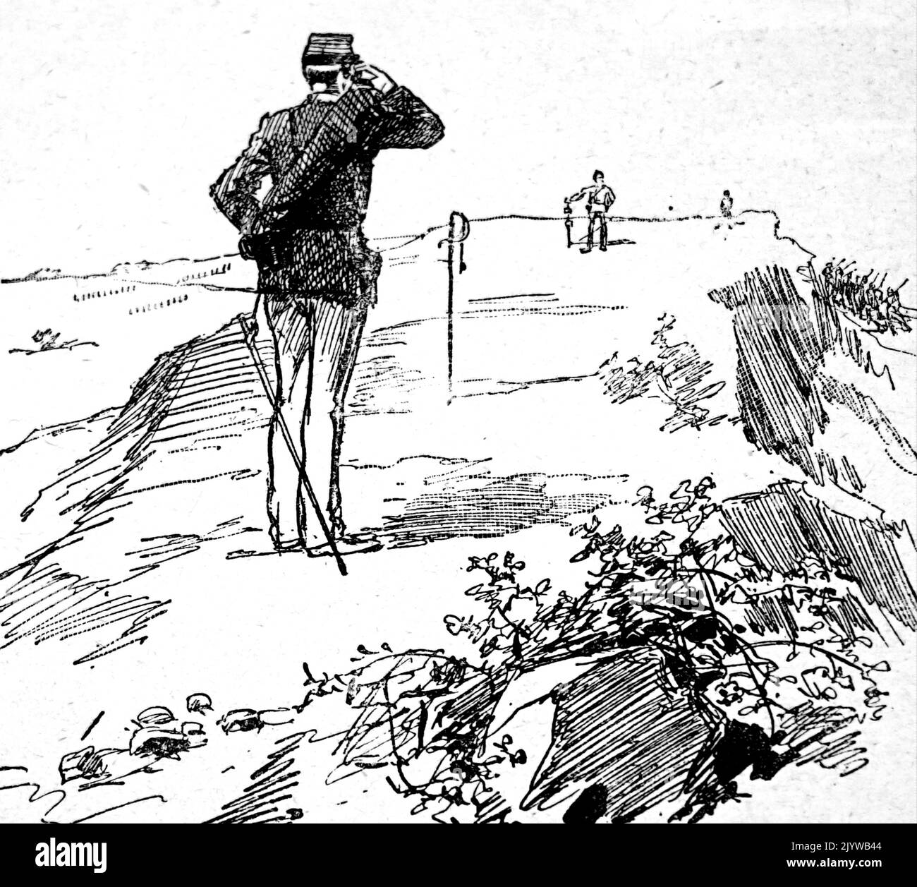Die Abbildung zeigt einen Entfernungsmesser, ein Gerät, das die Entfernung vom Beobachter zu einem Ziel in einem Prozess misst, der als Rangieren bezeichnet wird. Datiert aus dem 19.. Jahrhundert Stockfoto